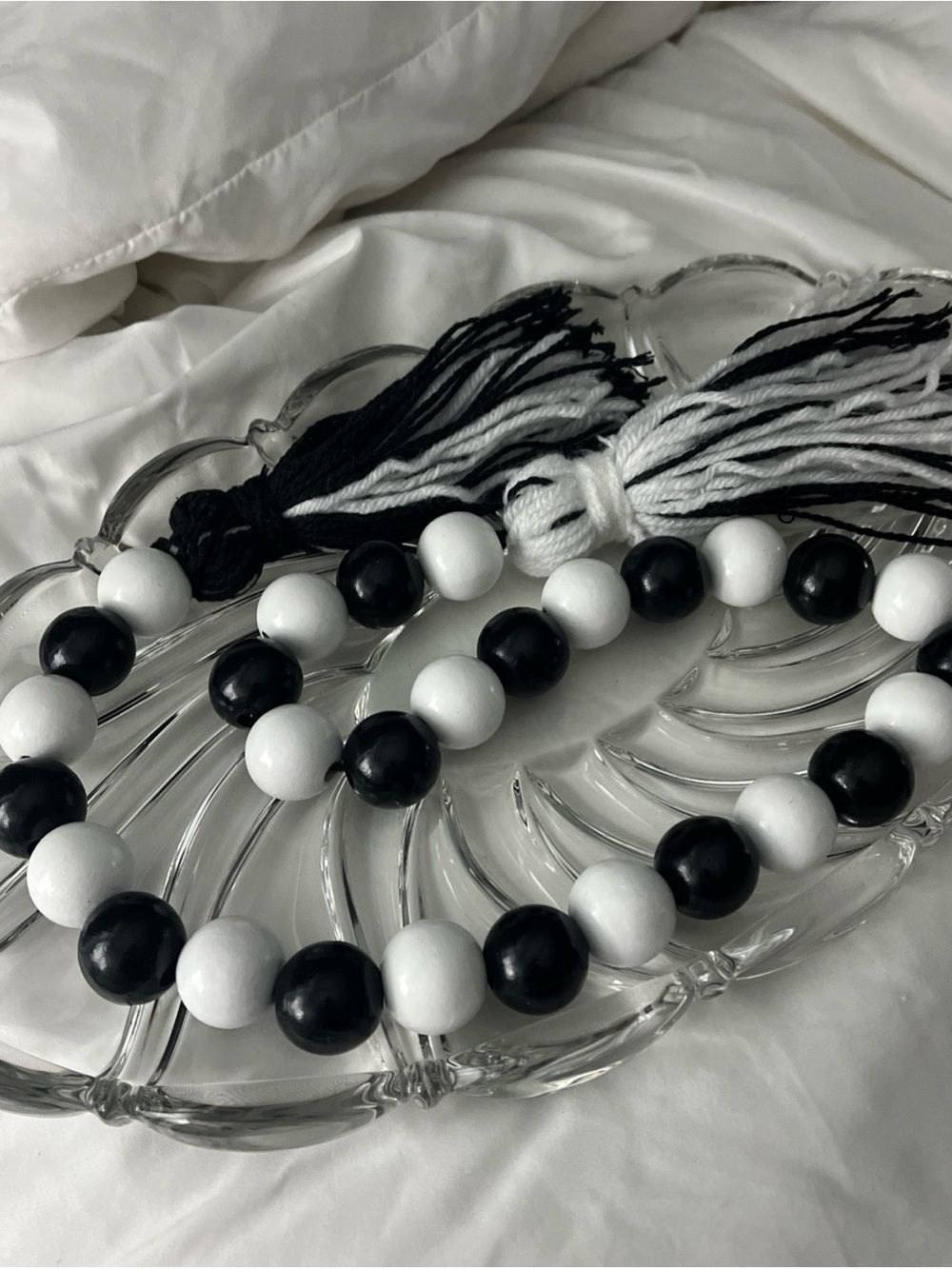 Black and White Wooden Bead Garland with Tassels